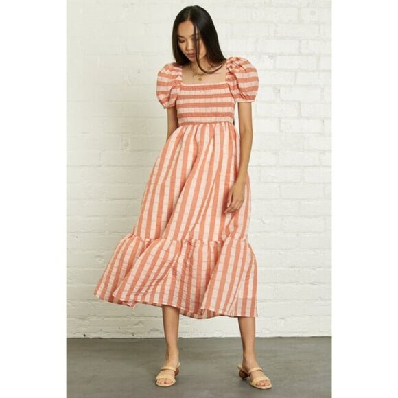 dRA Los Angeles NWT Sz S‎ Peach Stripe Smocked Organza Midi Dress Puff Sleeve - Picture 3 of 14